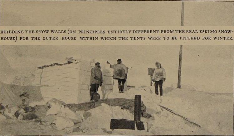 Members of the Wrangel Island expedition erecting snow walls around their tents, 1922. (Source: "The Adventure of Wrangel Island" by Vilhjalmur Stefansson via archive.org)