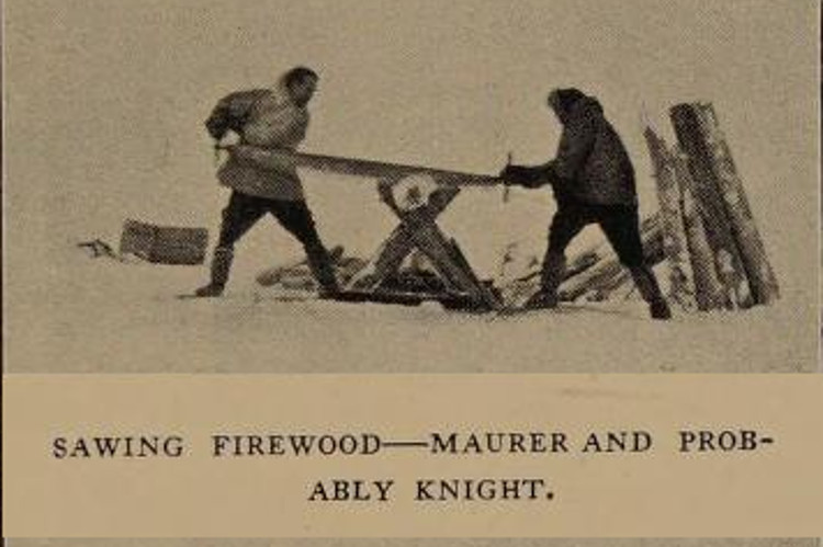 Fred Maurer and another man sawing driftwood on Wrangel Island, 1922. (Source: "The Adventure of Wrangel Island" by Vilhjalmur Stefansson via archive.org)