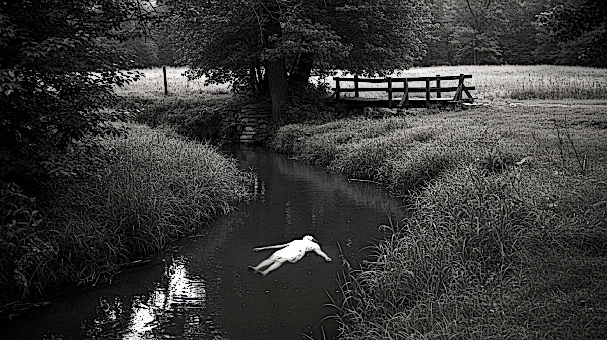 AI generated image depicting a young woman's body floating in a rural Ohio creek in 1930.