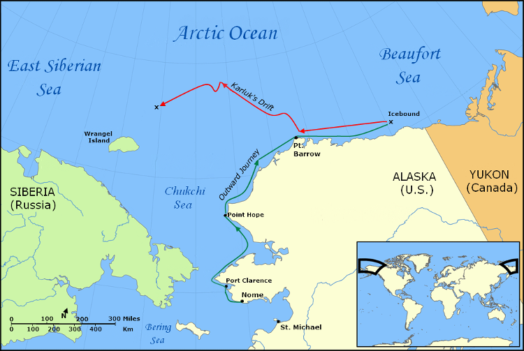 Map showing the Karluk's drift west in the fall and winter of 1913. (Source: wikipedia)