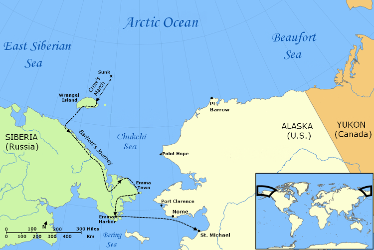 Map showing the route taken by Captain Robert Bartlett in his efforts to seek help for the stranded crew of the Karluk. (Source: wikipedia)