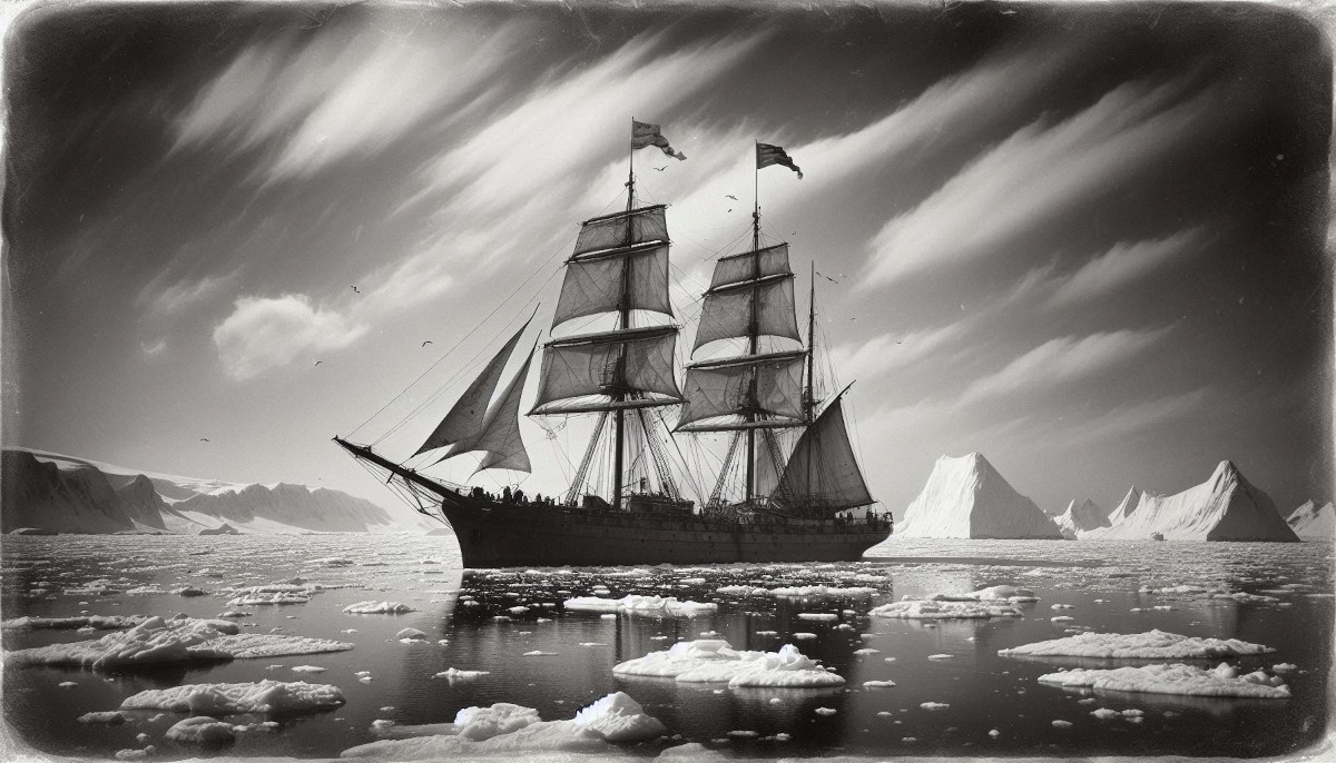 AI generated Image of a whaling ship in the Arctic Ocean, surrounded by ice. (Source: Microsoft Designer)