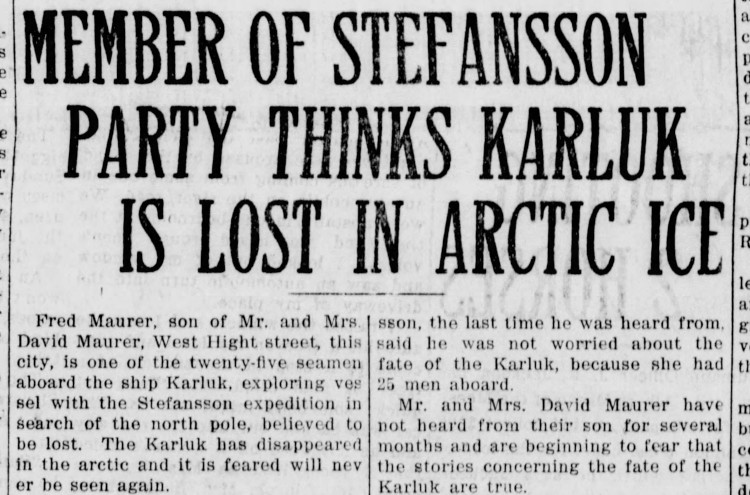 New Philadelphia, Ohio newspaper headline reporting the fear that the Karluk had been lost in the Arctic, December 1913. (Source: newspapers.com)