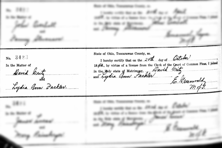 The marriage of David Crites and Lucinda Fackler recorded in the Tuscarawas County records, October 1842. (Source: familysearch.org)