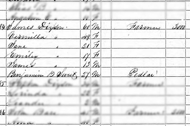 James Dickson recorded in his parents' Huron County, Ohio home on the 1850 Census. (Source: familysearch.org)