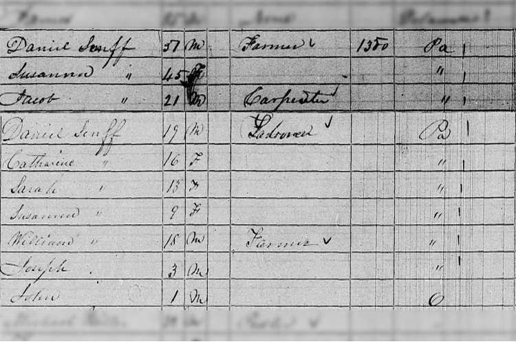 The Daniel Senff family recorded in the 1850 census in Tuscarawas County, Ohio. (Source: familysearch.org)