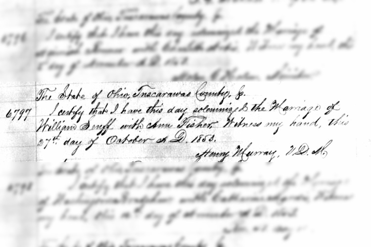 William Senff's marriage to Anna Fisher recorded in the Tuscarawas County records, October 1853. (Source: familysearch.org)