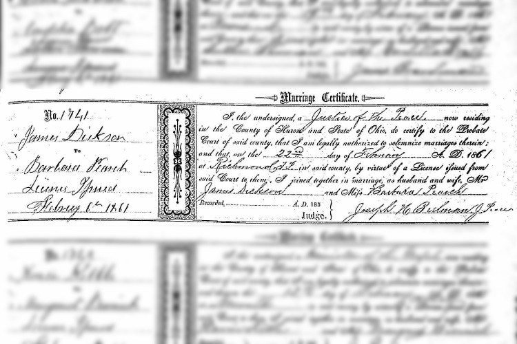 Marriage of James Dixon and Barbara Pearch recorded in the records of Huron County, Ohio. (Source: familysearch.org)