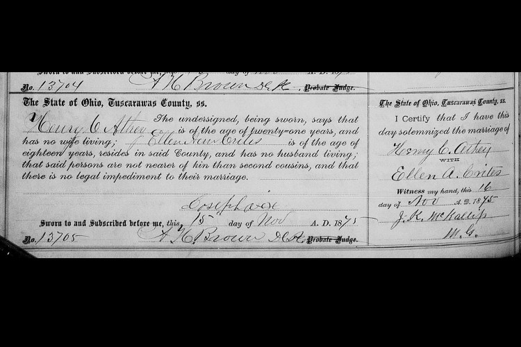 Marriage of Henry Athey and Ellen Crites recorded in the Tuscarawas County records, November 1875. (Source: familysearch.org)