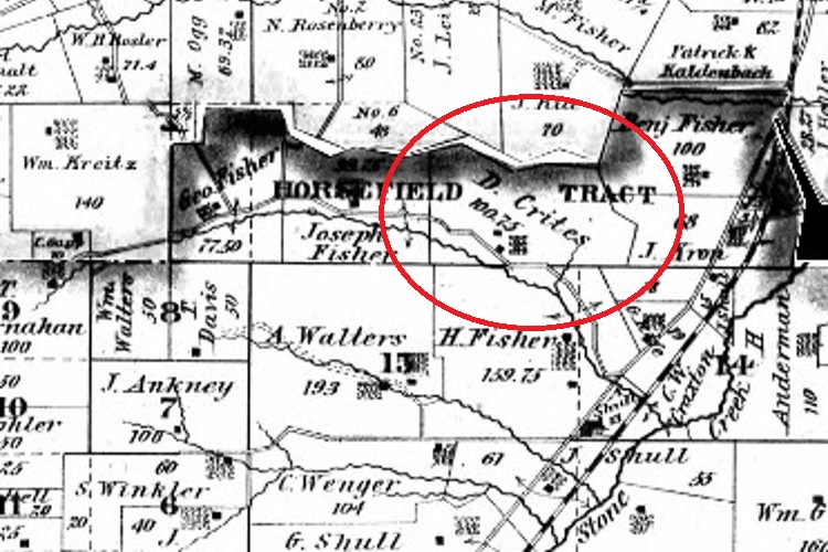 The location of the Crites property on the border of York and Dover Townships, Tuscarawas County, Ohio, 1875. (Source: ancestry.com)