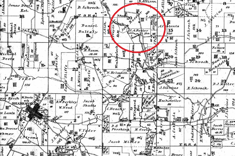 The location of John and Sarah Senff Ressler's farm near Barrs Mills, Tuscarawas County, Ohio, 1875. (Source: ancestry.com)