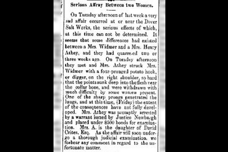 New Philadelphia newspaper account of Ellen Crites's assault on a female neighbor, September 1877. (Source: newspaperarchive.com)