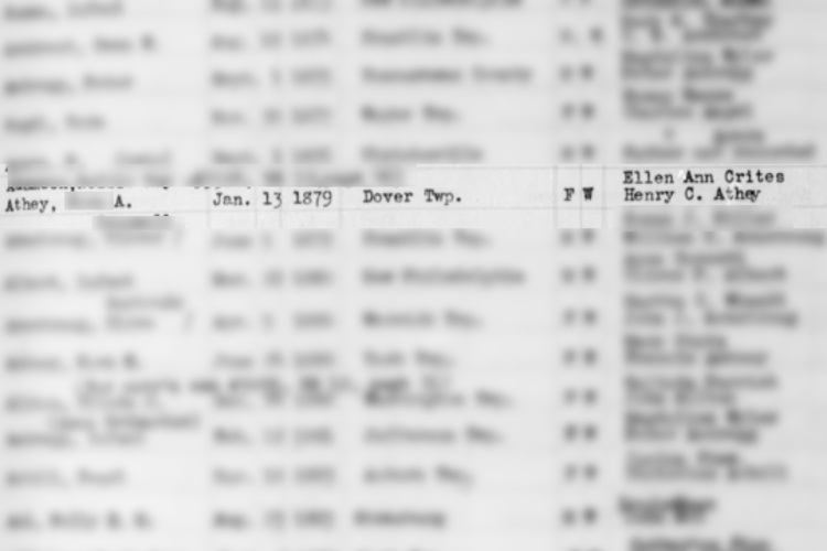 The birth of Henry and Ellen Athey's daughter recorded in the Tuscarawas County records, January 1879. (Source: familysearch.org)