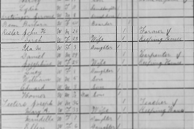 Sarah Senff Ressler's family recorded in the 1880 census for Tuscarawas County, Ohio. (Source: familysearch.org)