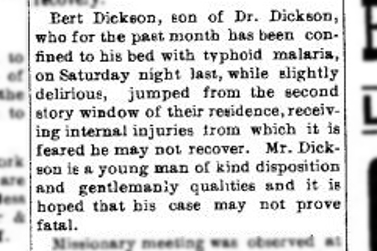 New Philadelphia, Ohio newspaper account of Bert Dickson's illness and accident, June 1895. (Source: newspaperarchive.com)