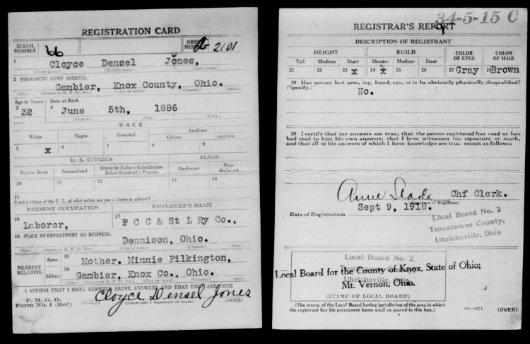 Cloyce Jones' World War One draft registration, September 1918. (Source: familysearch.org)