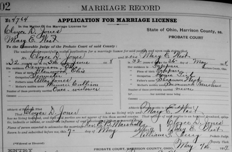 Cloyce Jones and Mary West's marriage record from Harrison County, Ohio, May 1919. (Source: familysearch.org)