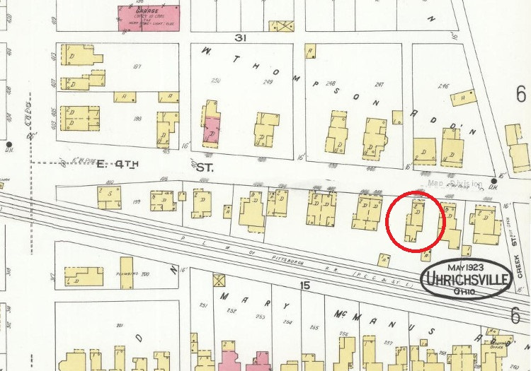 The Jones home identified on the 1923 Sanborn Fire Insurance Map for Uhrichsville, Ohio. (Source: loc.gov)