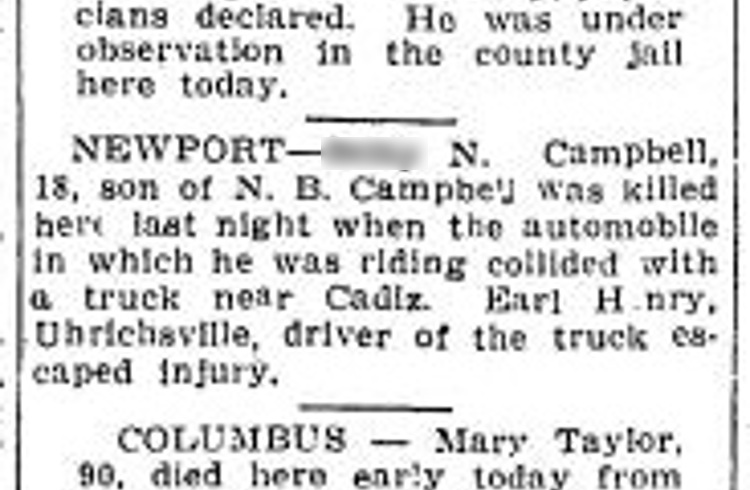 The death of one of the Campbell son's reported in the Sandusky, Ohio newspaper, December 1927. (Source: newspaperarchives.com)