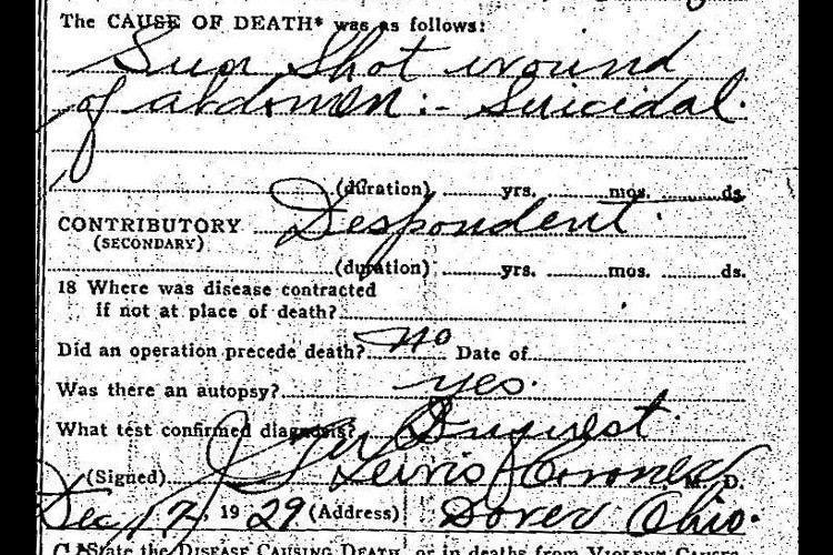 Detail from Cloyce D. Jones's death certificate signed by Coroner Lewis, December 1929. (Source: familysearch.org)