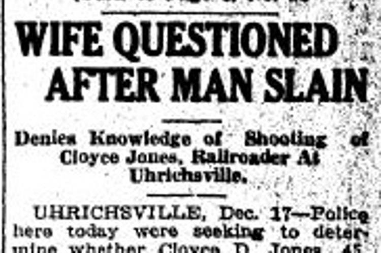 Sandusky, Ohio newspaper headline for a story on the death of Cloyce Jones, December 1929. (Source: newspaperarchives.com)