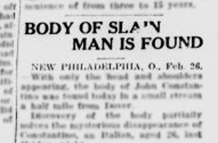 East Liverpool, Ohio newspaper article on the death of John Constantino, February 1929. (Source: newspaperarchive.com)