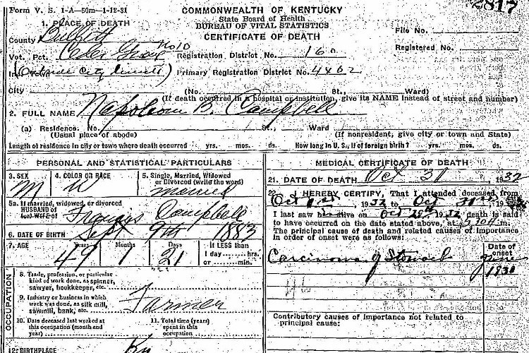 Detail from Napoleon Campbell's death certificate, October 1931. (Source: familysearch.org)
