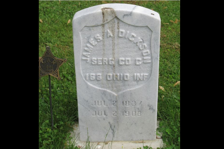Dr. James A. Dickson's headstone in Maple Grove Cemetery, Dover, Ohio, 2019. (Source: findagrave.com)