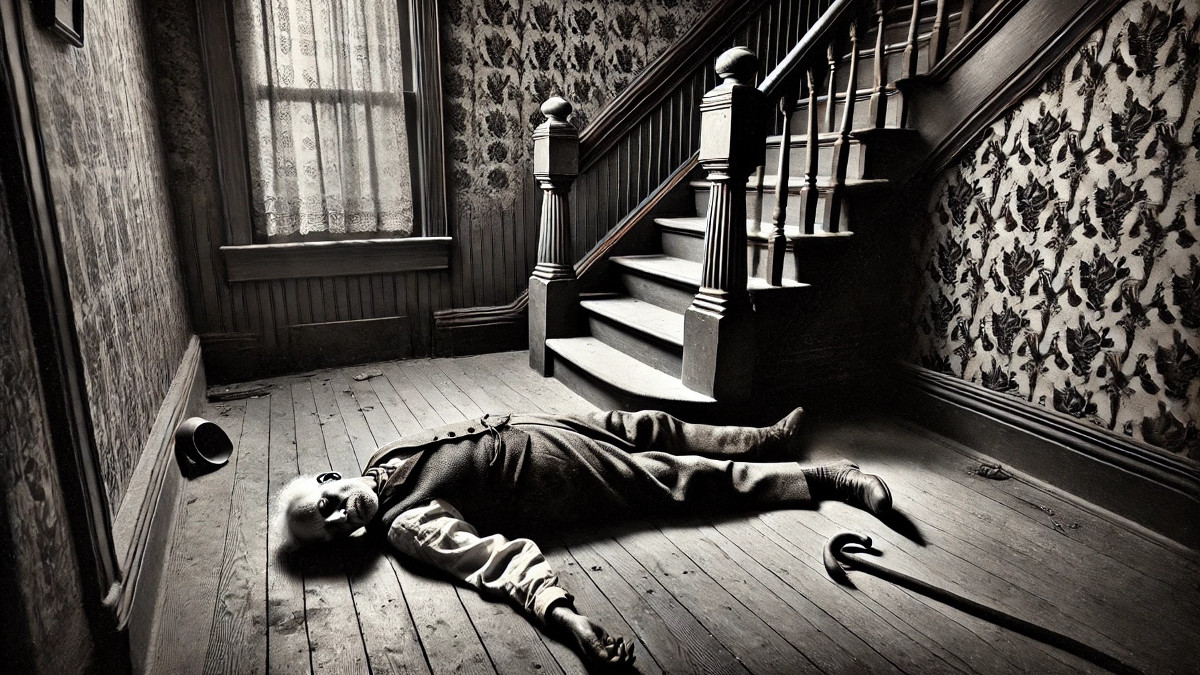 AI generated image depicting Dr. James A. Dickson lying lifeless on his stair landing after being shot. (Source: ChatGPT)
