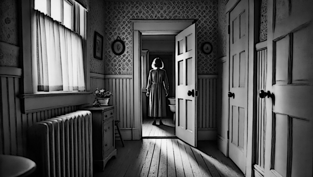 AI generated image depicting Mrs. Mary Jones in her bathroom in Uhrichsville, 2025.