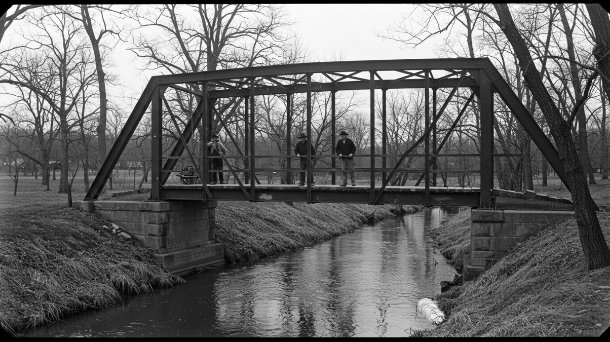AI generated image, altered, depicting the discovery of Mary Senff's body in the Sugar Creek in 1880.