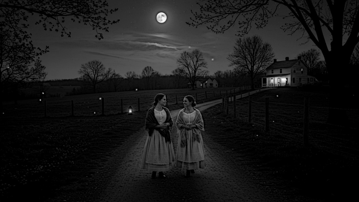 AI generated image of two young women walking along a dirt path under the soft glow of a full moon on a spring night in 1880, in rural Ohio. They are returning from an evening spent at a cozy, lantern-lit farmhouse, which is visible in the background, nestled among rolling fields and budding trees. The women wear period-appropriate dresses with delicate lace trims and shawls draped over their shoulders, their skirts gently swaying as they walk. The night sky is speckled with stars, and fireflies flicker in the cool night air. Their expressions convey warmth and quiet conversation as they make their way home.