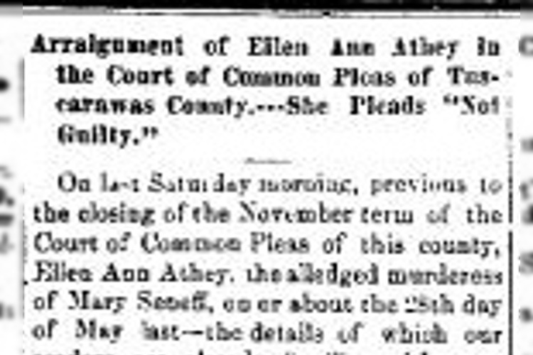 New Philadelphia, Ohio newspaper headline on the the arraignment of Ellen Crites Athey, December 1880. (Source: newspaperarchive.com)