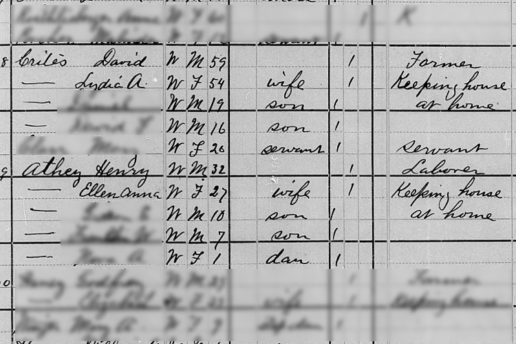 The Crites and Athey families recorded on the 1880 census for York Township, Tuscarawas County, shortly after Mary Senff's murder, (Source: familysearch.org)