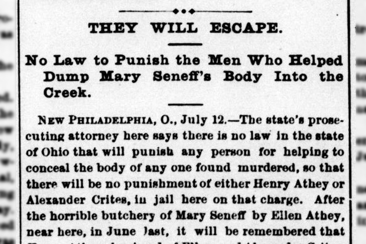 Article in the National Police Gazette of New York detailing that Henry Athey and Alexander Crites would not be charged, July 1880. (Source: archive.org)