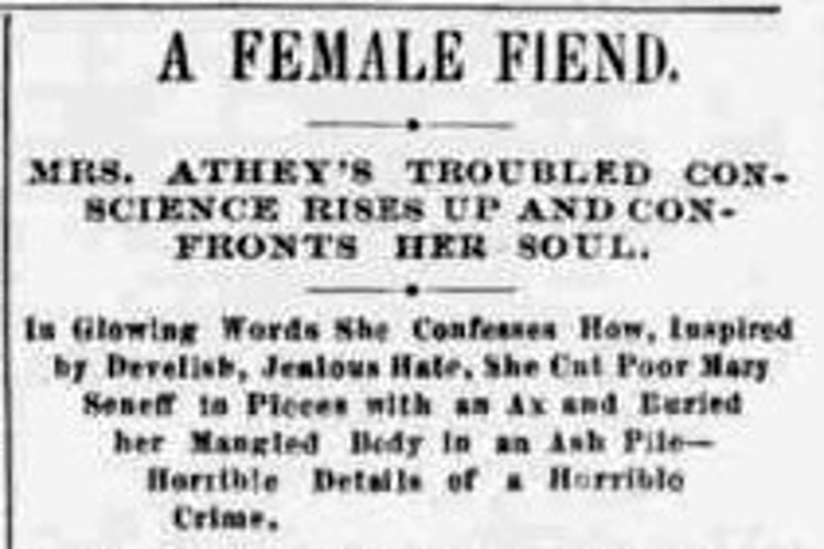 Canton, Ohio newspaper headline on the case of Mary Senff's murder by Ellen Crites Athey, July 1880. (Source: newspaperarchive.com)