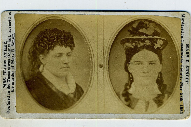 Postcard image of Ellen Crites Athey (L) and Mary Senff (R), unknown printer, c. 1880-1881. (Source: findagrave.com)