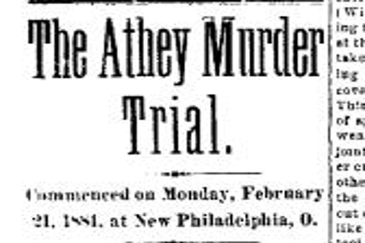 New Philadelphia, Ohio newspaper headline for an article covering the trial of Ellen Crites Athey, March 1881. (Source: newspaperarchive.com)