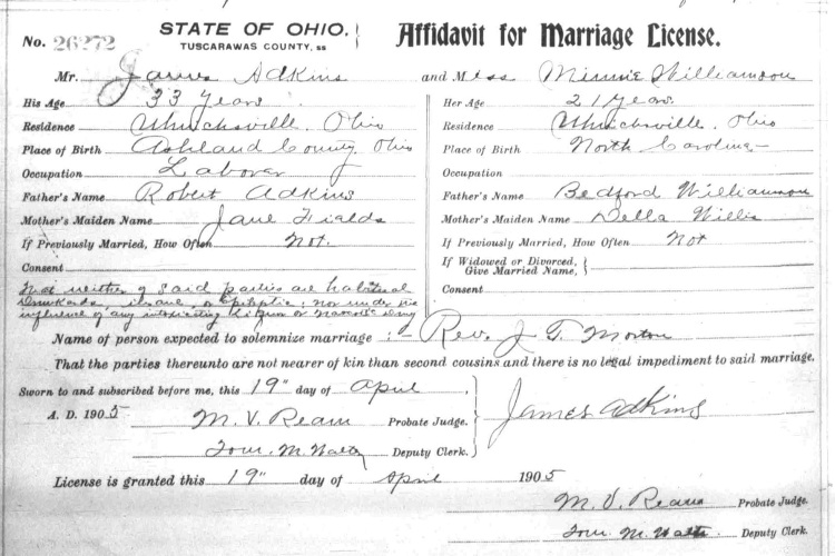 Minnie Williamson's marriage to James Adkins recorded in Tuscarawas County, Ohio in April 1905. (Source: familysearch.org)