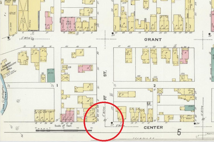The intersection of 1st and Center Streets in Dennison, Ohio where the killing took place as seen on the 1909 Sanborn Map. (Source: loc.gov)
