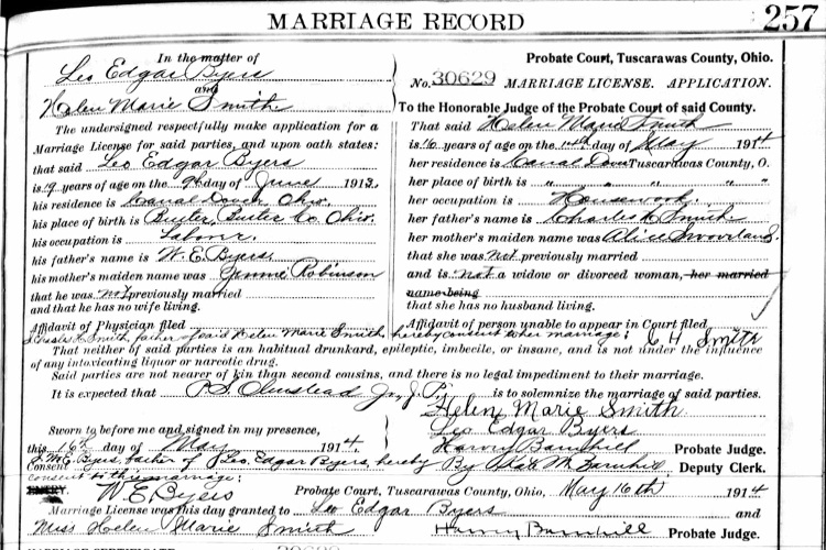 Marriage of Leo Byers and Helen Smith recorded in Tuscarawas County, Ohio, May 1914. (Source: familysearch.org)