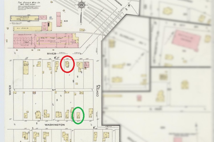 The location of the Alesiano home (red) and the Byers home (green) in Dover, Ohio as depicted on the 1914 Sanborn Map. (Source: loc.gov)