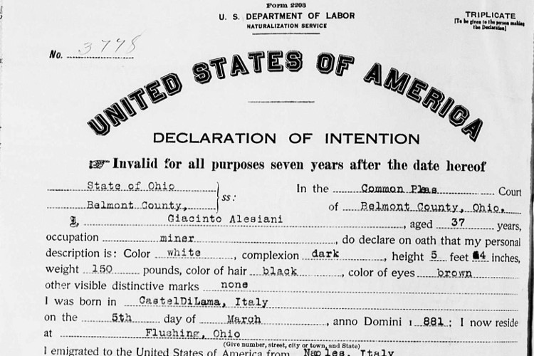 George Alesiano's naturalization declaration, 1918. (Source: familysearch.org)