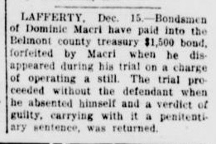 East Liverpool, Ohio newspaper article about Domenico Macri's escape during his trial, December 1923. (Source: newspaperarchive.com)