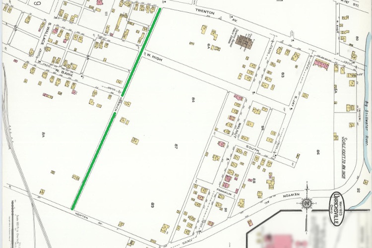 Herrick Street (green) noted on the 1923 Sanborn Fire Insurance Map for Uhrichsville, Ohio. (Source: loc.gov)