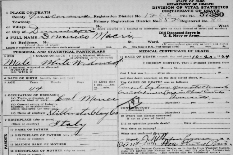 Portion of Domenic Macri's death certificate, October 1924. (Source: familysearch.org)