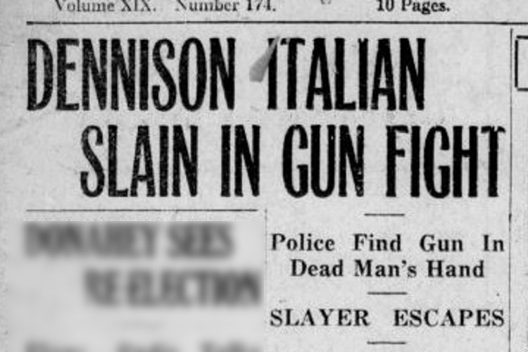 New Philadelphia, Ohio newspaper headline for the story of the killing of Domenic Macri, October 1924. (Source: newspaperarchive.com)