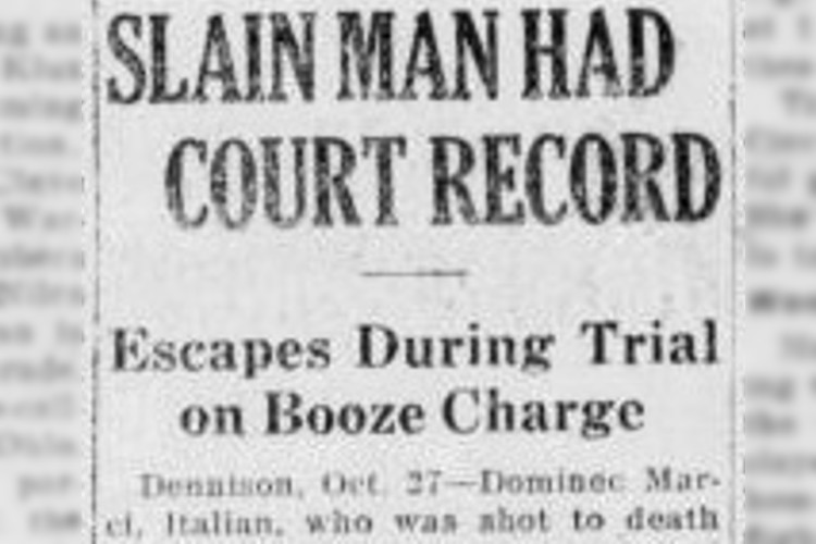 New Philadelphia, Ohio newspaper headline for a story on Domenico Macri's past criminal activity, October 1924. (Source: newspaperarchive.com)