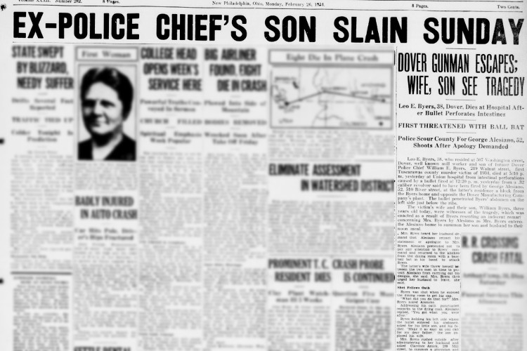 New Philadelphia, Ohio newspaper front page covering the killing of Leo Byers, February 1934. (Source: newspaperarchive.com)