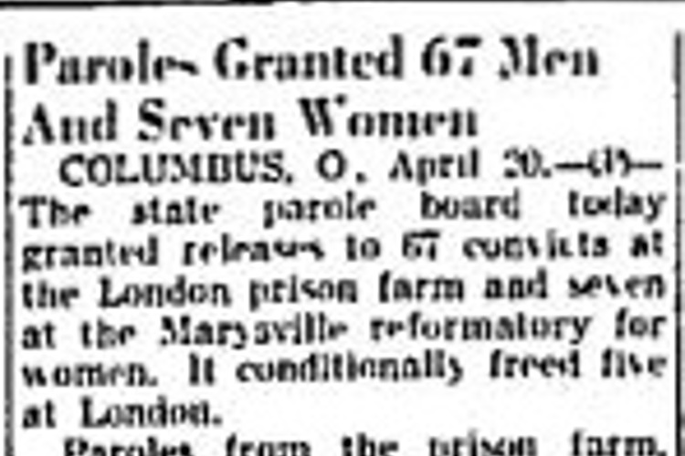 Zanesville, Ohio newspaper article on the parole of 67 men, including George Alesiano, April 1939. (Source: newspaperarchive.com)